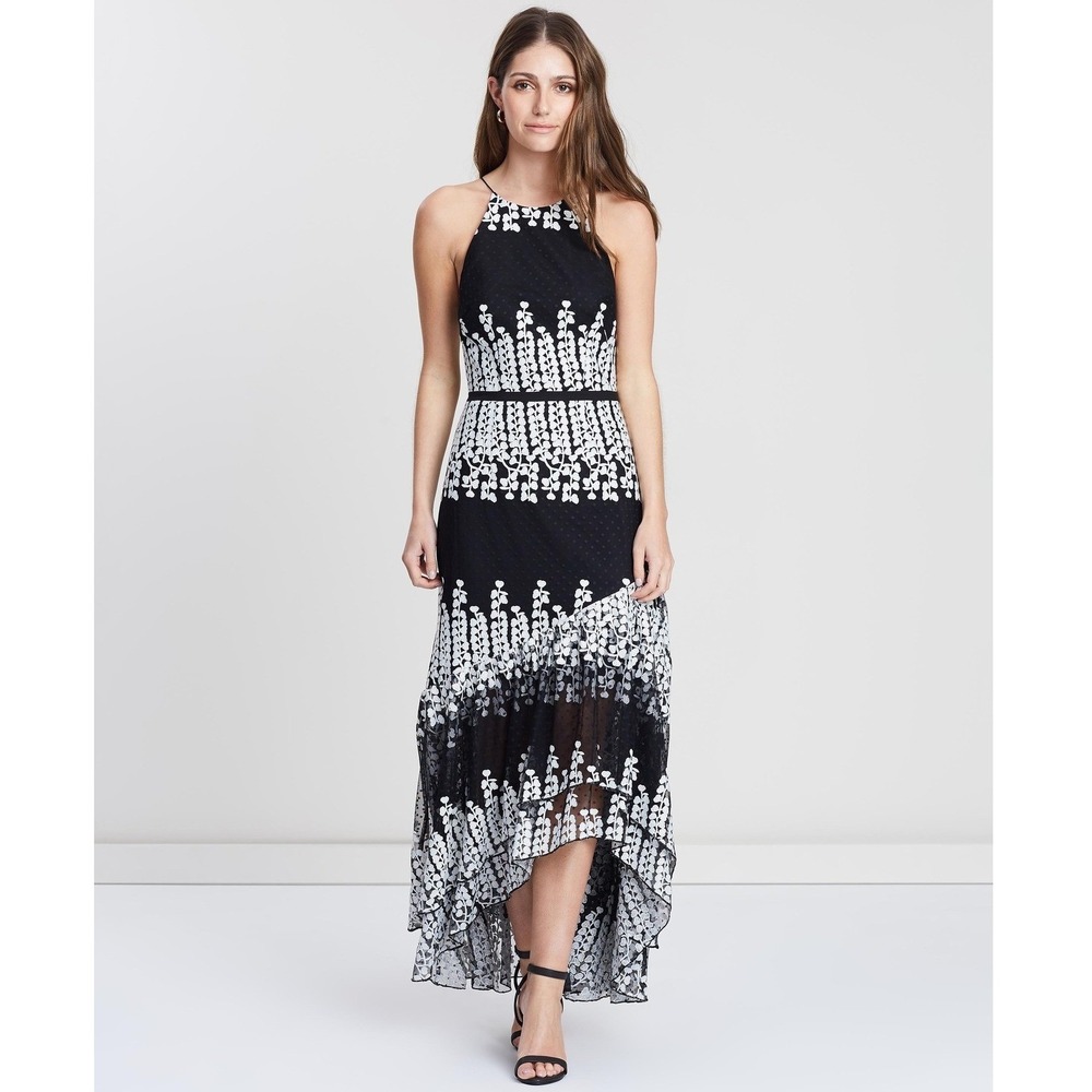 NEW Cooper St Mimosa High Neck Embroidered Maxi Dress Black White Layered Size 4